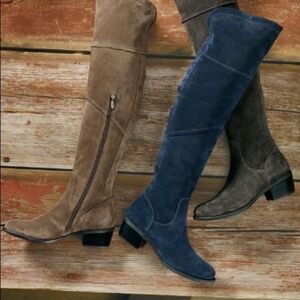 Vince Camuto Bernadine Over Knee Navy Blue Suede Boots Stretch Block Heel 8.5